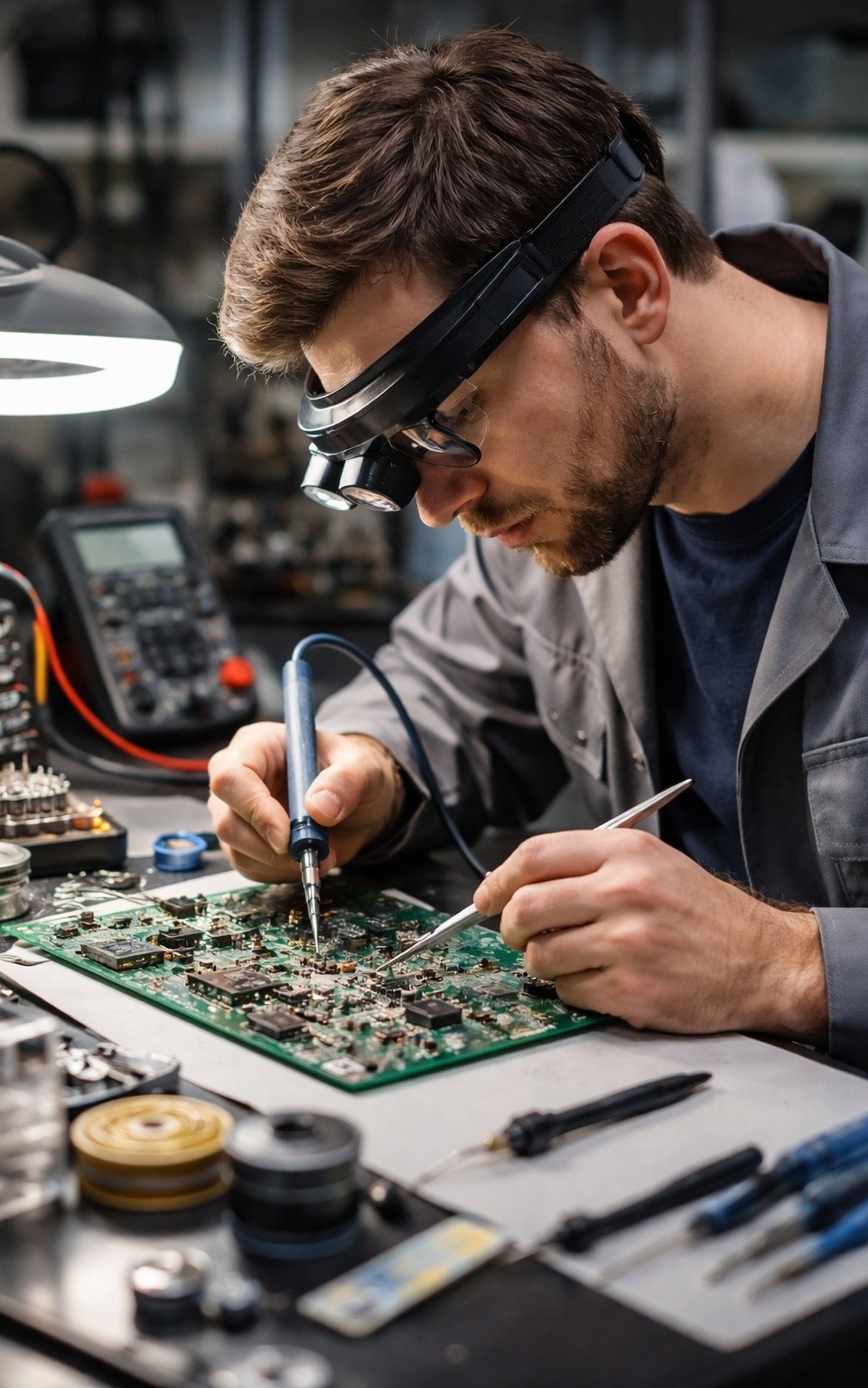 Electronics repair bench with tools